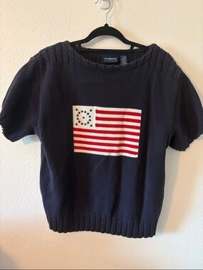 Liz Claiborne Navy Short-Sleeve Sweater with Red & White Flag Motif